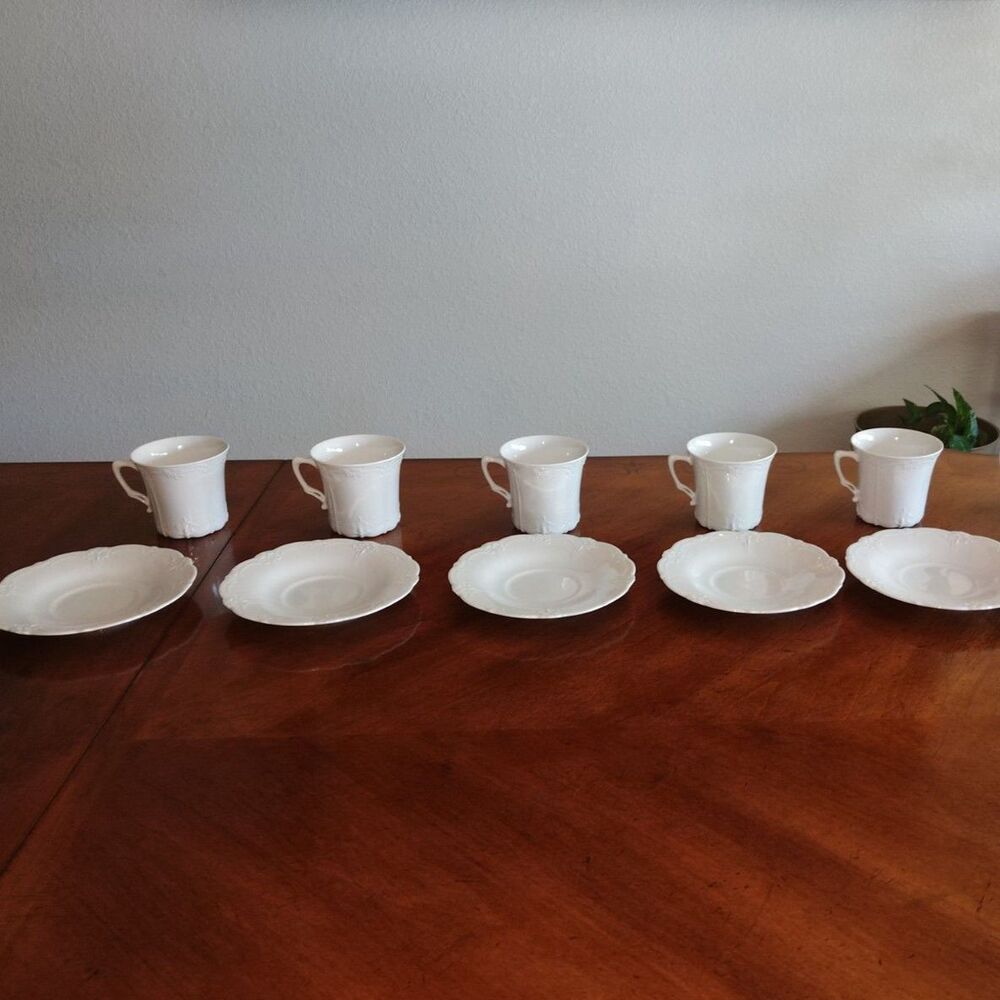 Lot of 5 Tirschenreuth BARONESSE White 3" Flat Cup & Saucer Sets Bavaria Germany